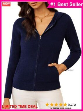 Merino Wool Zip Up Hooded Cardigan Sweater with Pockets